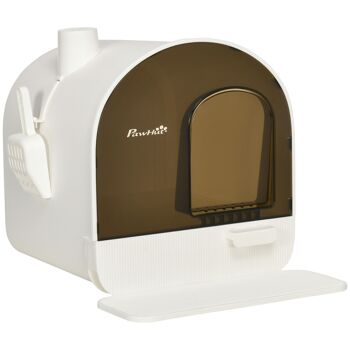 Maison de toilette bac à litière pour chat avec porte battante, pelle et filtre inclus dim. 43L x 44l x 47H cm PP blanc marron fumé 1