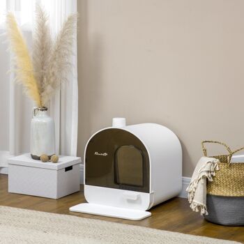 Maison de toilette bac à litière pour chat avec porte battante, pelle et filtre inclus dim. 43L x 44l x 47H cm PP blanc marron fumé 2
