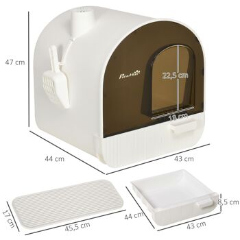 Maison de toilette bac à litière pour chat avec porte battante, pelle et filtre inclus dim. 43L x 44l x 47H cm PP blanc marron fumé 3