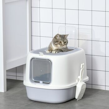 Maison de toilette litière pour chat double porte battante et supérieure - filtre odeur + pelle fournis - gris 4