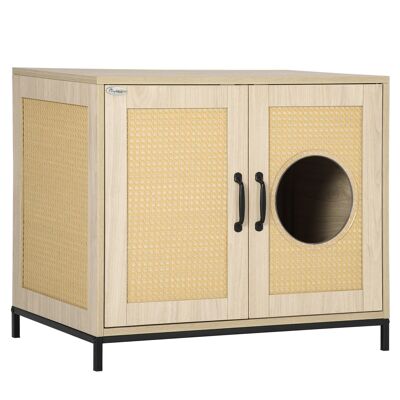 PawHut 2 in 1 Cat Toilet House Furniture with Double Door Frame Steel Particle Board Light Wood Look