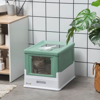 Maison de toilette pliable pour chat - tiroir à litière coulissant, porte battante et trappe transparente, pelle 2