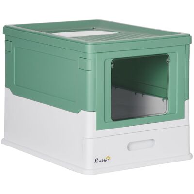 Caseta sanitaria plegable para gatos - cajón de arena deslizante, puerta abatible y trampilla transparente, pala - blanco verde