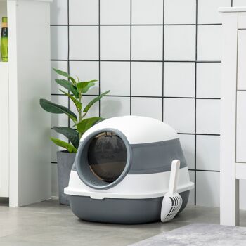 Maison de toilette pliable - bac à litière chat avec porte battante, pelle et filtre inclus - ABS PP blanc gris 2