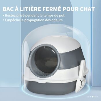 Maison de toilette pliable - bac à litière chat avec porte battante, pelle et filtre inclus - ABS PP blanc gris 4