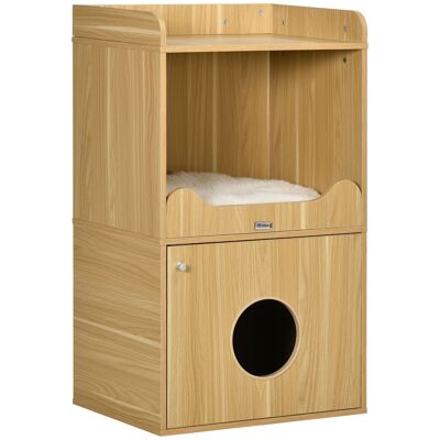 Cat toilet house - door, niche with cushion, tray - light wood look panels