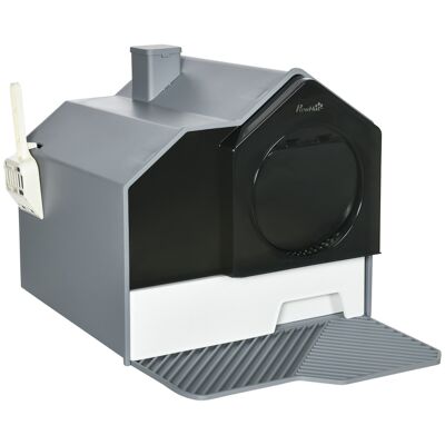 Toilette per gatti casetta design - lettiera - tappetino, manico, paletta, filtro, cassetto inclusi - PP bianco nero grigio