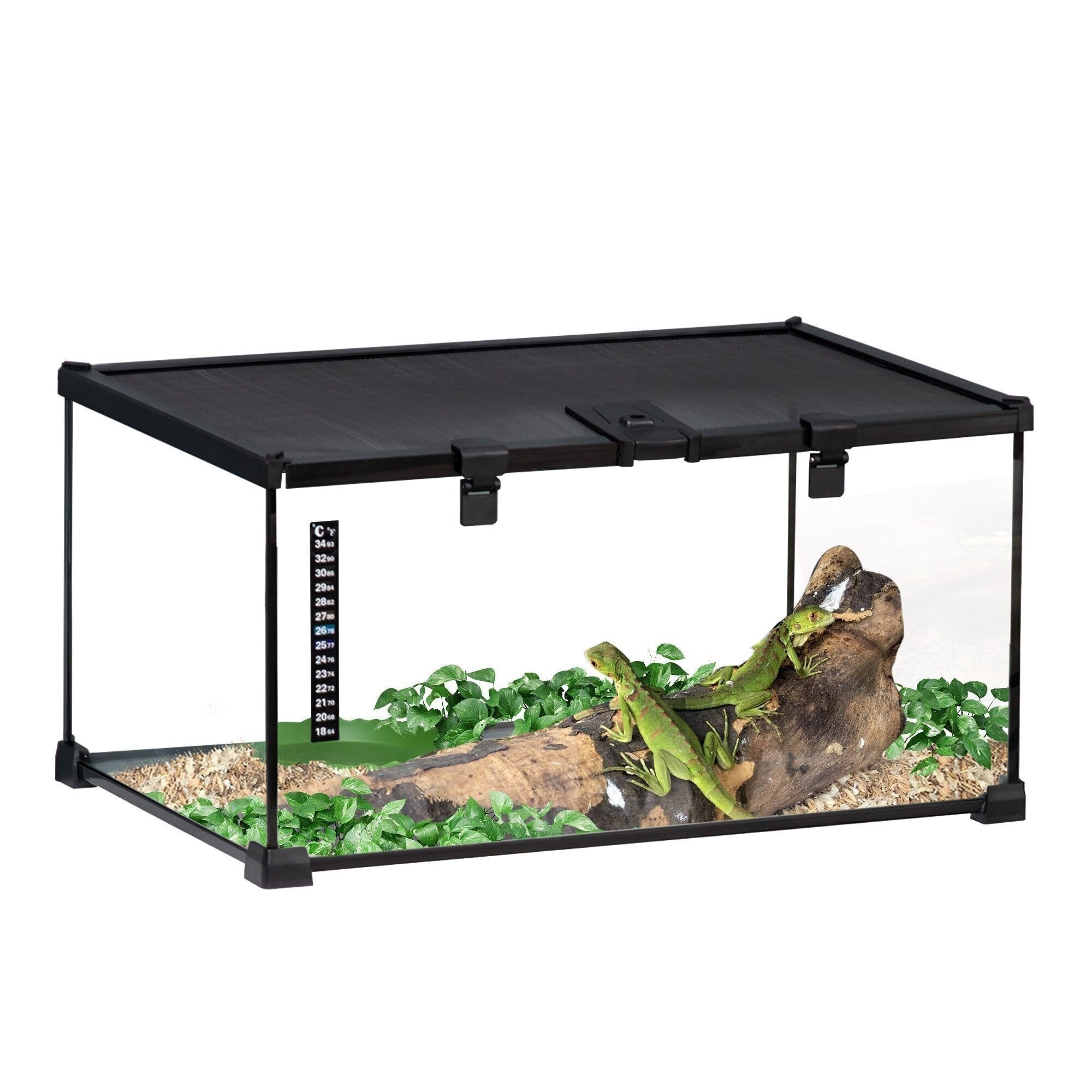 Glasterrarium – Vivarium für Reptilien und Amphibien – Lebensraum für Schildkröten – abschließbare, verschiebbare Netzabdeckung – Wasserspender, Thermometer im Lieferumfang enthalten – schwarzes Metallglas
