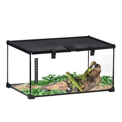 Terrario in vetro - vivaio per rettili e anfibi - habitat per tartarughe - copertura in rete scorrevole con serratura - distributore d'acqua, termometro incluso - vetro in metallo nero