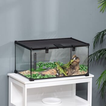 Terrarium en verre - vivarium reptiles & batraciens - habitat tortue - couvercle grillagé coulissant verrouillable - distributeur eau, thermomètre inclus - métal noir verre 2