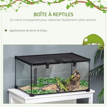 Terrarium en verre - vivarium reptiles & batraciens - habitat tortue - couvercle grillagé coulissant verrouillable - distributeur eau, thermomètre inclus - métal noir verre 4