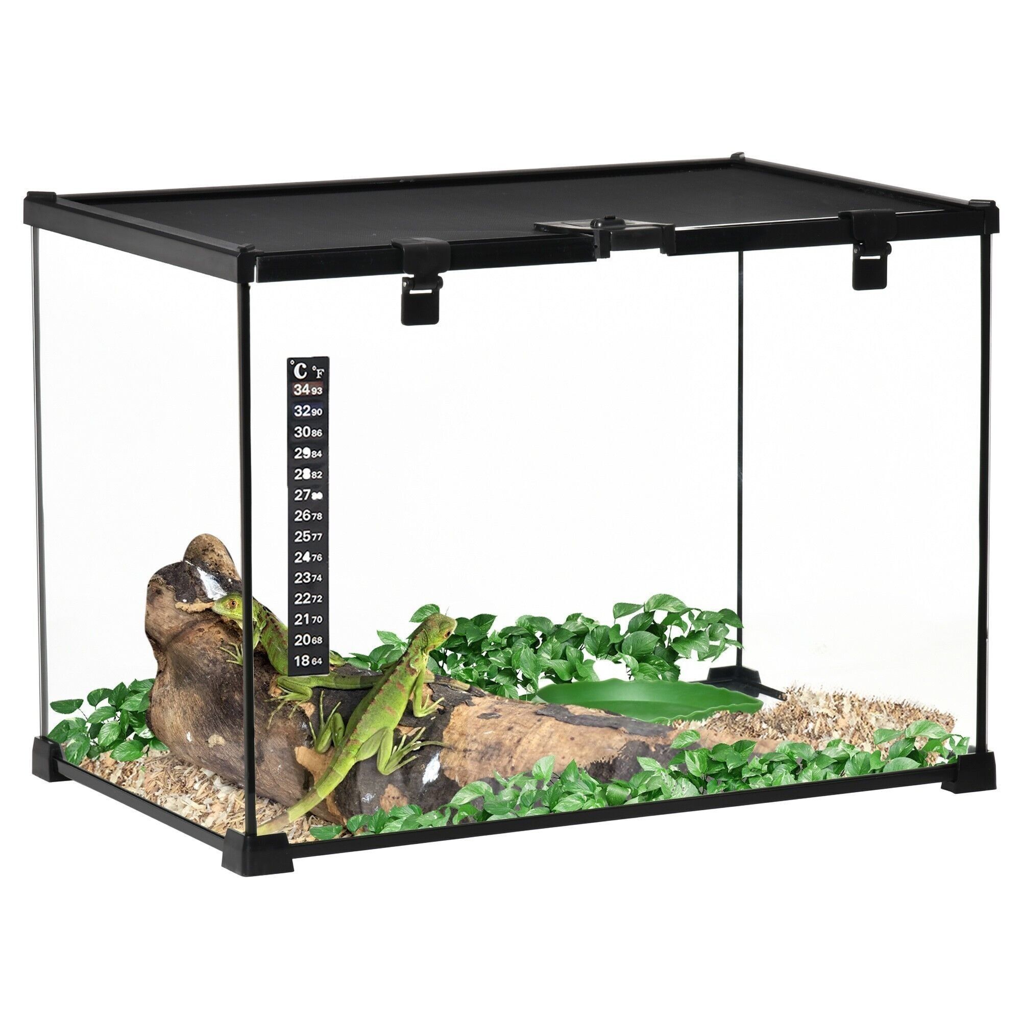 Glasterrarium – Vivarium für Reptilien und Amphibien – Lebensraum für Schildkröten – abschließbare, verschiebbare Netzabdeckung – Wasserspender, Thermometer – schwarzes Metallglas