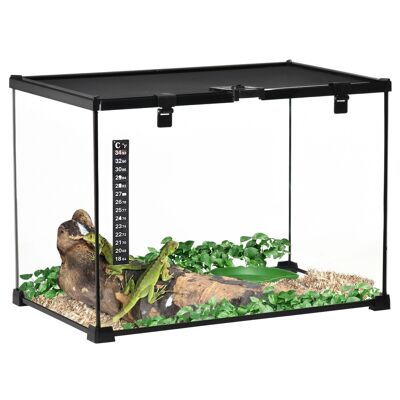 Glasterrarium – Vivarium für Reptilien und Amphibien – Lebensraum für Schildkröten – abschließbare, verschiebbare Netzabdeckung – Wasserspender, Thermometer – schwarzes Metallglas