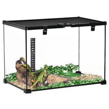 Terrarium en verre - vivarium reptiles & batraciens - habitat tortue - couvercle grillagé coulissant verrouillable - distributeur eau, thermomètre - métal noir verre 1
