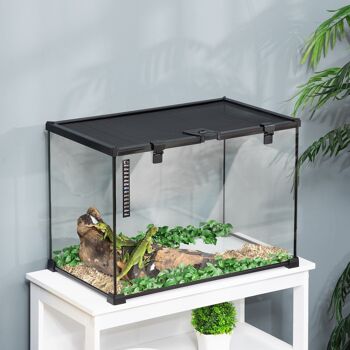 Terrarium en verre - vivarium reptiles & batraciens - habitat tortue - couvercle grillagé coulissant verrouillable - distributeur eau, thermomètre - métal noir verre 2