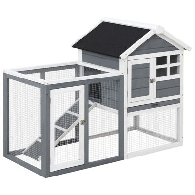 Multi-equipped rabbit cage hutch: upper niche with ramp, excrement tray, window + secure outdoor enclosure 2 doors 122L x 63W x 92H cm gray