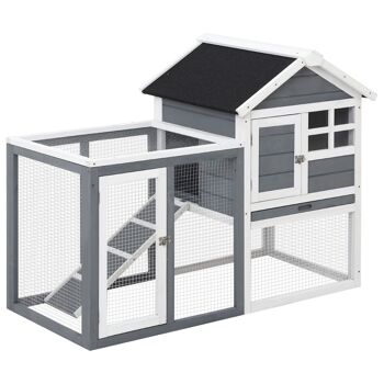 Clapier cage à lapins multi-équipé : niche supérieure avec rampe, plateau excrément, fenêtre + enclos  extérieur sécurisé 2 portes 122L x 63l x 92H cm gris 1