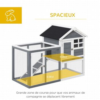 Clapier cage à lapins multi-équipé : niche supérieure avec rampe, plateau excrément, fenêtre + enclos  extérieur sécurisé 2 portes 122L x 63l x 92H cm gris 4