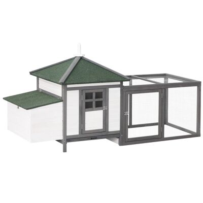 Chicken coop cottage multi-equipment perch ramp nest box enclosure with excrement drawer 196L x 76W x 97H cm solid wood pine gray white
