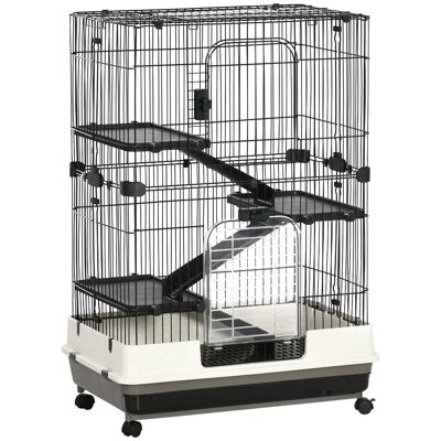 PawHut Rodent chinchilla guinea pig cage on wheels - 3 floors, ramps, 2 doors + hatch, removable excrement tray - gray black PP metal