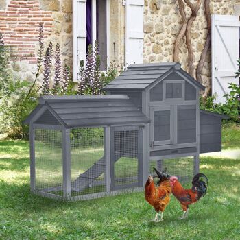 Petit poulailler cottage cage à poules sur pied dim. 151L x 54l x 87H cm multi-équipement bois massif de pin gris 2
