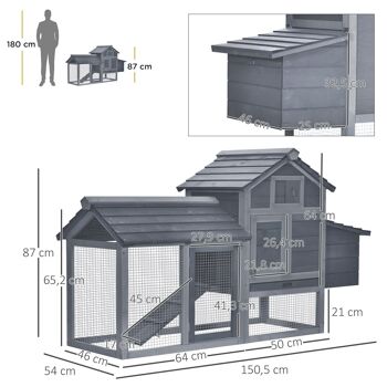 Petit poulailler cottage cage à poules sur pied dim. 151L x 54l x 87H cm multi-équipement bois massif de pin gris 3