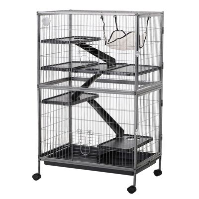 Jaula multifunción para roedores 4 plataformas 3 rampas 4 puertas Dimensión 80L x 52W x 128H cm metal plata gris negro