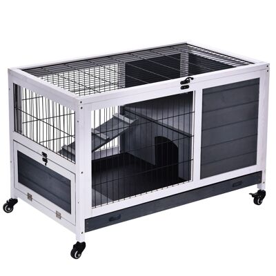 Rabbit Hutch on Wheels Rabbit Cage 2 Tier Lockable Door Sunroof Sliding Tray Ramp Fir Wood Gray White