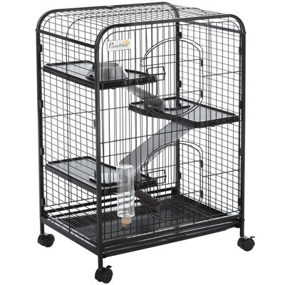 PawHut Rolling Small Animal Cage 3 rampe 3 piattaforme piatto e bottiglia d'acqua vassoio inferiore rimovibile PP acciaio nero