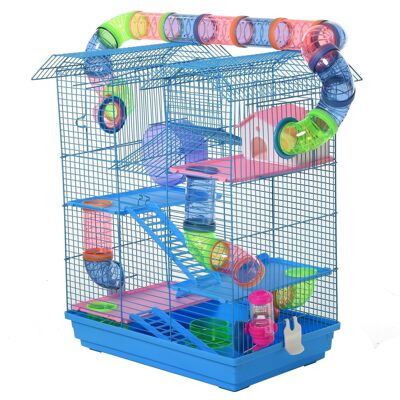 Jaula para hámster, ratón, pequeños animales roedores con túnel, rueda de alimentación, juguete, 47 x 30 x 59 cm, color azul