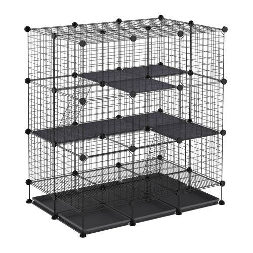 Cage parc enclos rongeurs modulable dim. L 111 x l 75 x H 119 cm 3 niveaux 4 portes fil métallique noir