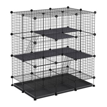 Cage parc enclos rongeurs modulable dim. L 111 x l 75 x H 119 cm 3 niveaux 4 portes fil métallique noir 1