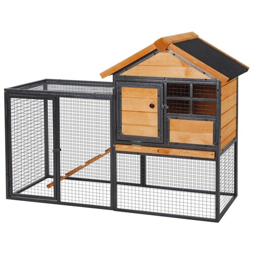 Clapier cage à lapins cottage - niche supérieure avec rampe et enclos extérieur - plateau excrément, fenêtre, 2 portes verrouillables - métal époxy pin pré-huilé