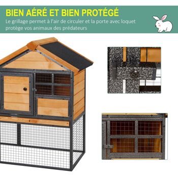 Clapier cage à lapins cottage - niche supérieure avec rampe et enclos extérieur - plateau excrément, fenêtre, 2 portes verrouillables - métal époxy pin pré-huilé 4