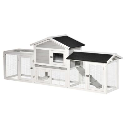 XXL 2-storey rodent rabbit hutch - tarred roof, waste tray, play areas - size 227L x 53W x 85H cm - pre-oiled spruce wood painted gray white