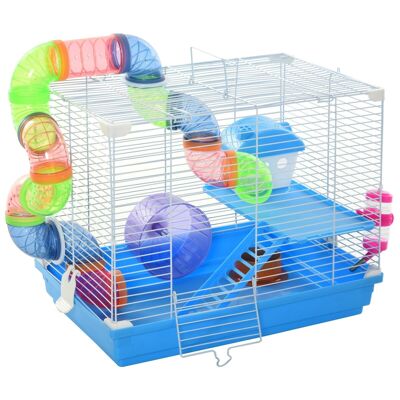 Nagetierkäfig für Hamster, 2 Ebenen, mit Tunnel, Wasserflasche, Rad, Haus, Leitern – Maße 46 L x 30 B x 37 H cm – weißes Metall, PP, blau
