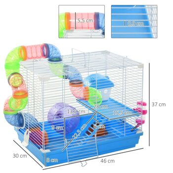 Cage à hamster rongeur 2 niveaux avec tunnel, biberon eau, roue, maisonnette, échelles - dim. 46L x 30l x 37H cm - métal blanc PP bleu 3