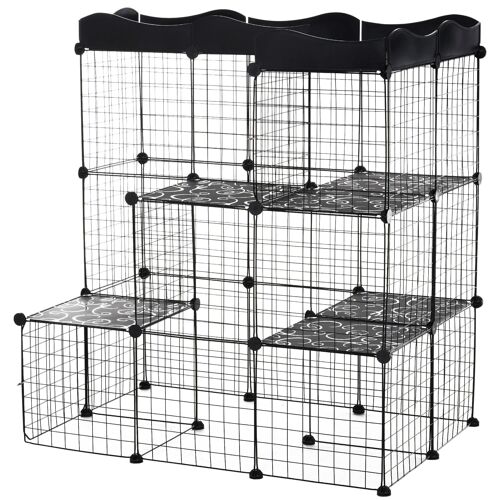 Cage parc enclos chat modulable dim. L105 x l70 x H105 cm 3 niveaux 2 portes rampe plateformes PE motif graphique fil métallique noir