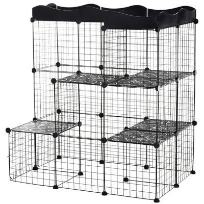 Cage playpen modular cat enclosure dim. L105 x W70 x H105 cm 3 levels 2 doors ramp PE platforms graphic pattern black metallic wire