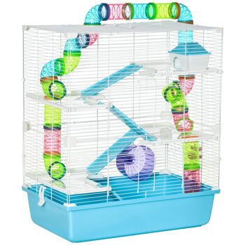 Grande cage à hamsters 5 niveaux - tunnels, abreuvoir, roue, maisonnette, échelles - dim. 59L x 36l x 69H cm - métal PP bleu blanc 1