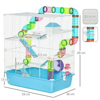 Grande cage à hamsters 5 niveaux - tunnels, abreuvoir, roue, maisonnette, échelles - dim. 59L x 36l x 69H cm - métal PP bleu blanc 3