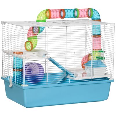 Hamster cage 3 levels - tunnel, drinker, wheel, house, ladders - dim. 59L x 36W x 47H cm - blue white PP metal