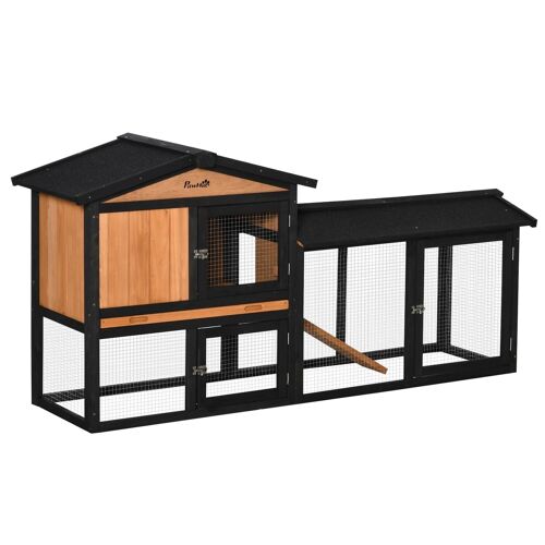 Clapier cage à lapins rongeurs 2 niveaux 3 portes verrouillables tiroir à déjection toit intégral bitumé 175L x 52l x 85H cm bois sapin orangée noir