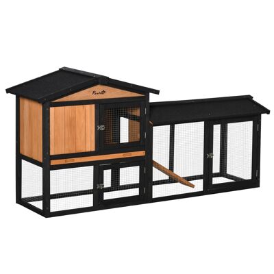 Hutch cage for rodent rabbits 2 levels 3 lockable doors waste drawer integral roof tarred 175L x 52W x 85H cm black orange fir wood