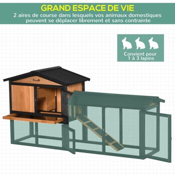 Clapier cage à lapins rongeurs 2 niveaux 3 portes verrouillables tiroir à déjection toit intégral bitumé 175L x 52l x 85H cm bois sapin orangée noir 4