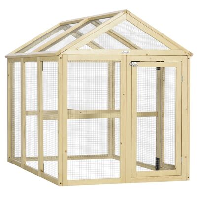 Enclos poulailler chenil 1,23 m² - parc grillagé dim 140L x 88,5l x 106H cm - 2 portes verrouillables - bois sapin