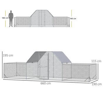 Enclos poulailler chenil 12,54 m² - parc grillagé dim 6,6L x 1,9l x 1,95H m - espace couvert - acier galvanisé 3