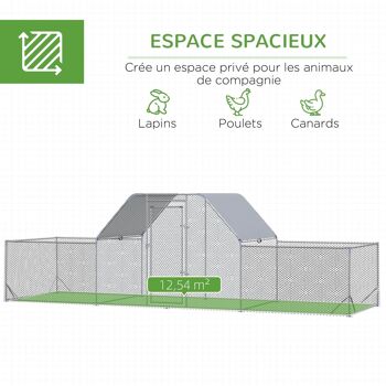 Enclos poulailler chenil 12,54 m² - parc grillagé dim 6,6L x 1,9l x 1,95H m - espace couvert - acier galvanisé 4