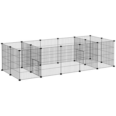 Modular enclosure for small animals rabbits rodents puppies - 24 steel wire panels - 2 doors - 175L x 70W x 45H cm - black
