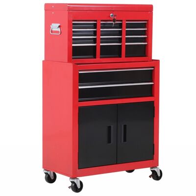 Werkstattwagen – Werkzeugkasten mit 6 Schubladen + herausnehmbarer Truhe – Werkstattwagen aus schwarz-rotem Metallblech